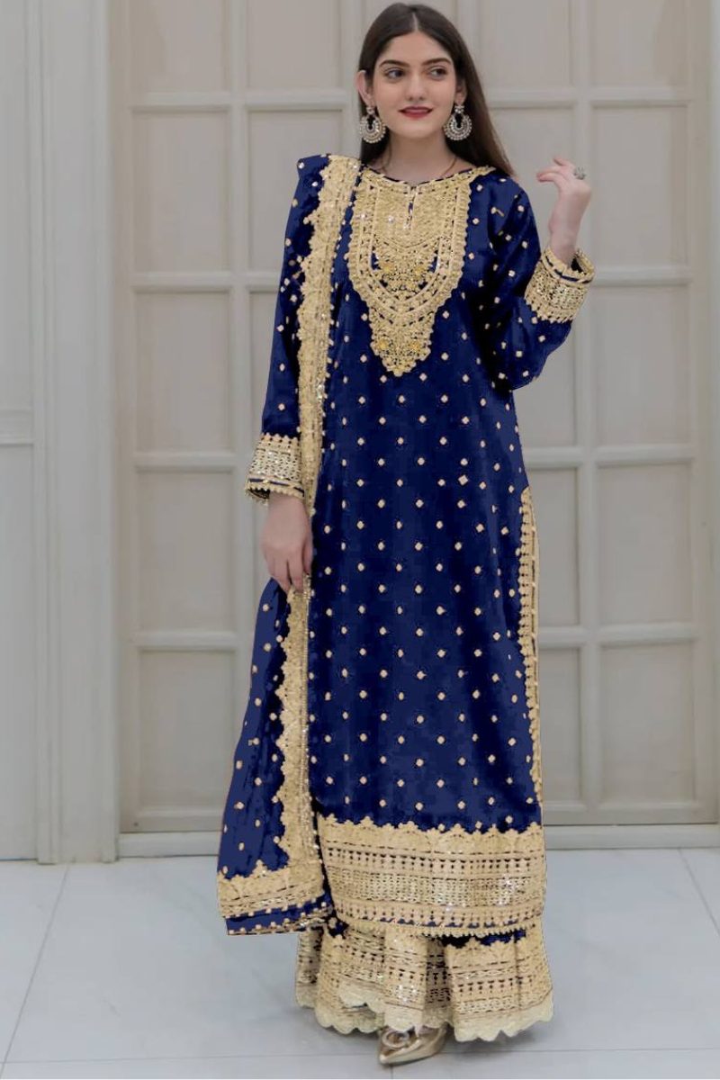 Dark Blue Embroidered Sharara Dupatta Set in Pure Heavy Georgette