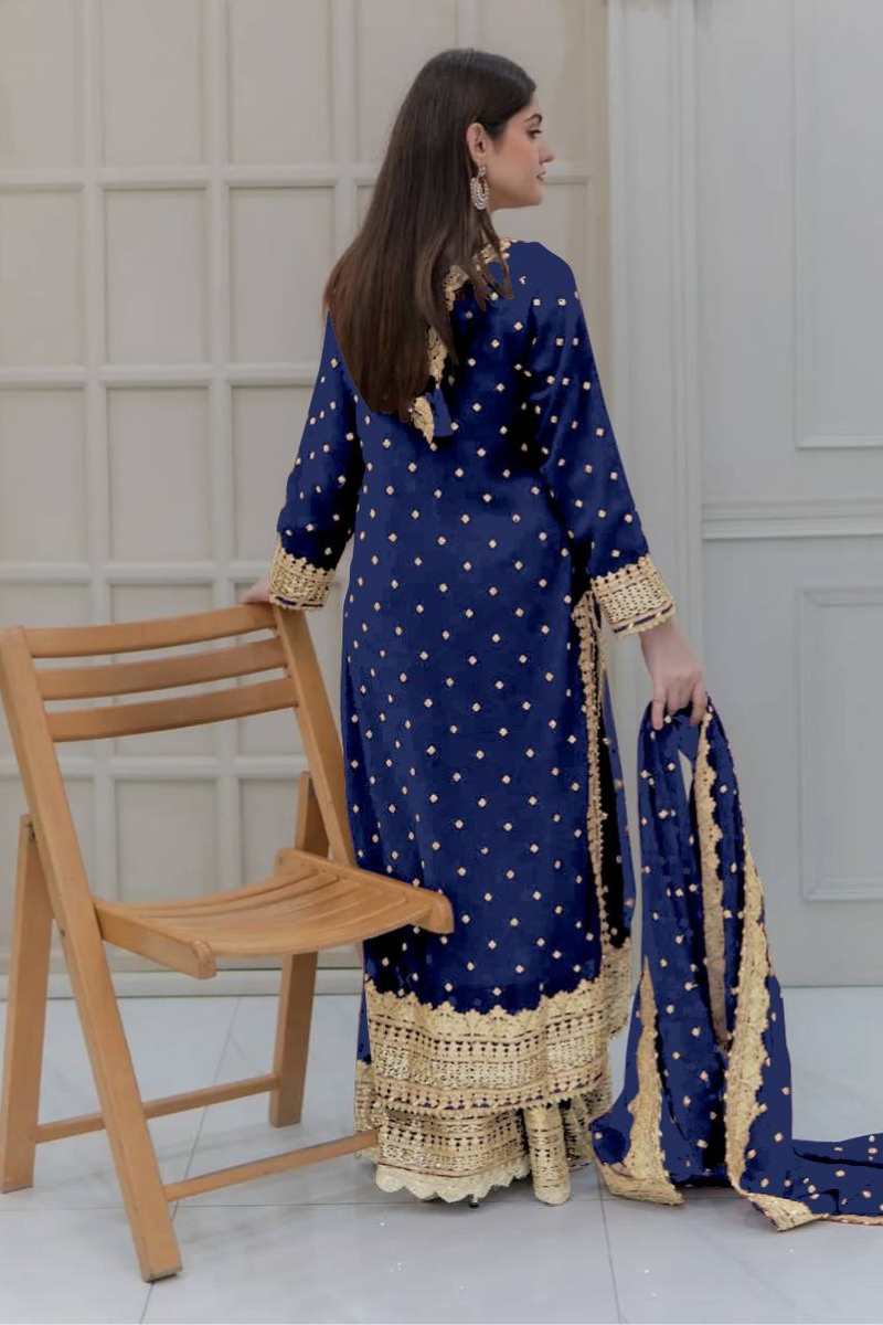 Dark Blue Embroidered Sharara Dupatta Set in Pure Heavy Georgette