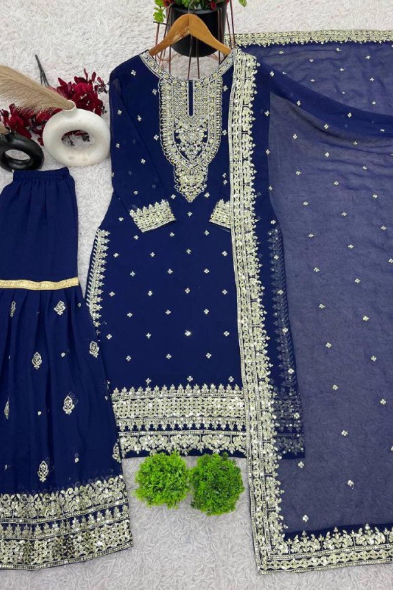 Dark Blue Embroidered Sharara Dupatta Set in Pure Heavy Georgette