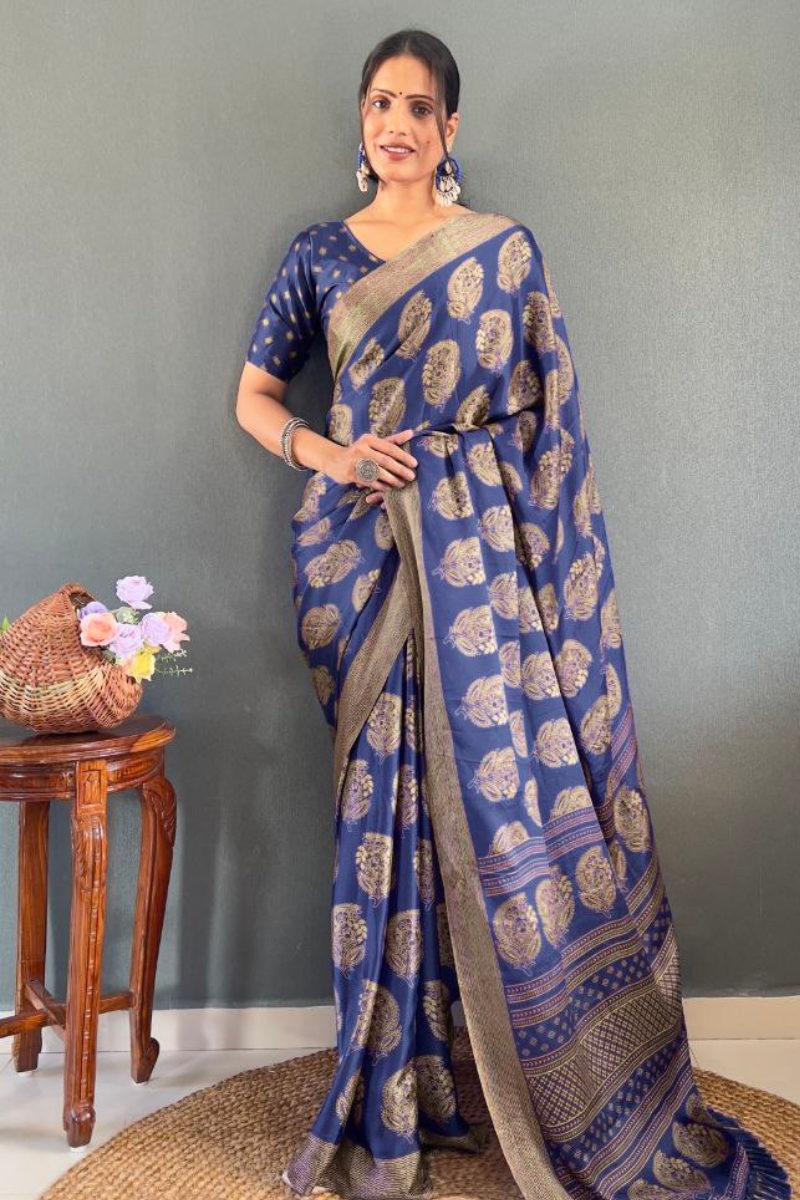 Banarasi Saree Patch Work in Dark Blue Soft Moss Silk Saree
