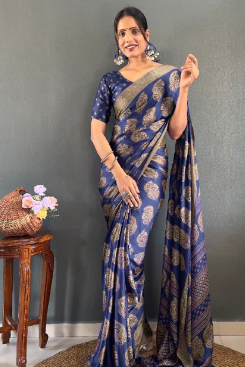 Banarasi Saree Patch Work in Dark Blue Soft Moss Silk Saree