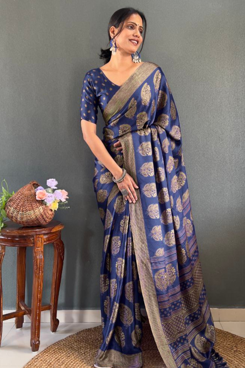Banarasi Saree Patch Work in Dark Blue Soft Moss Silk Saree