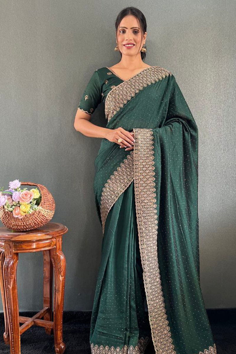 Dark Green Vichitra Silk Saree in Bloom with Gorgeous Zari