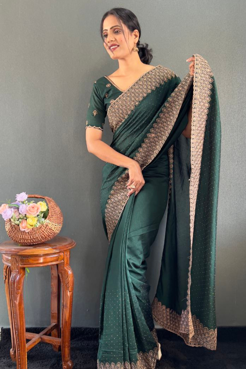 Dark Green Vichitra Silk Saree in Bloom with Gorgeous Zari