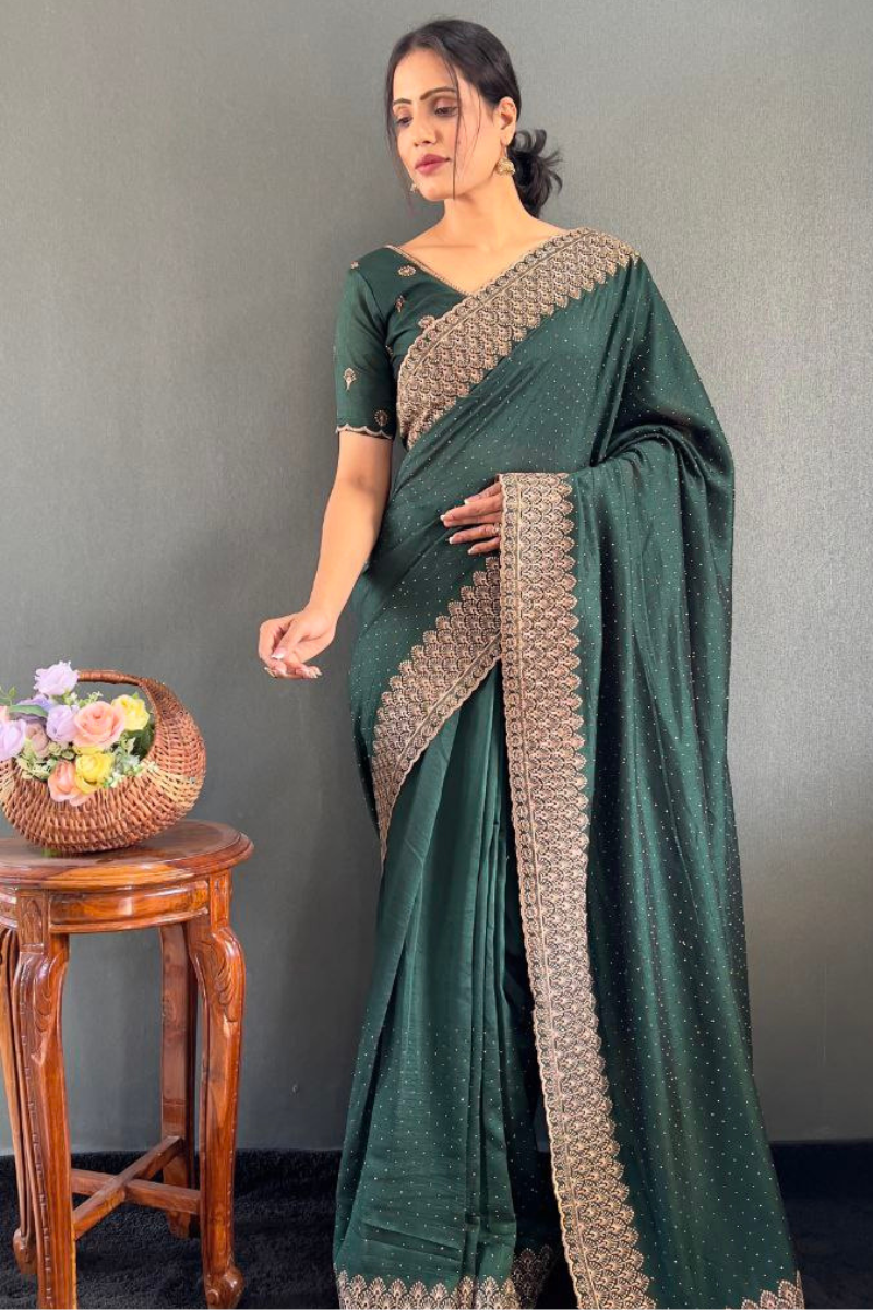 Dark Green Vichitra Silk Saree in Bloom with Gorgeous Zari