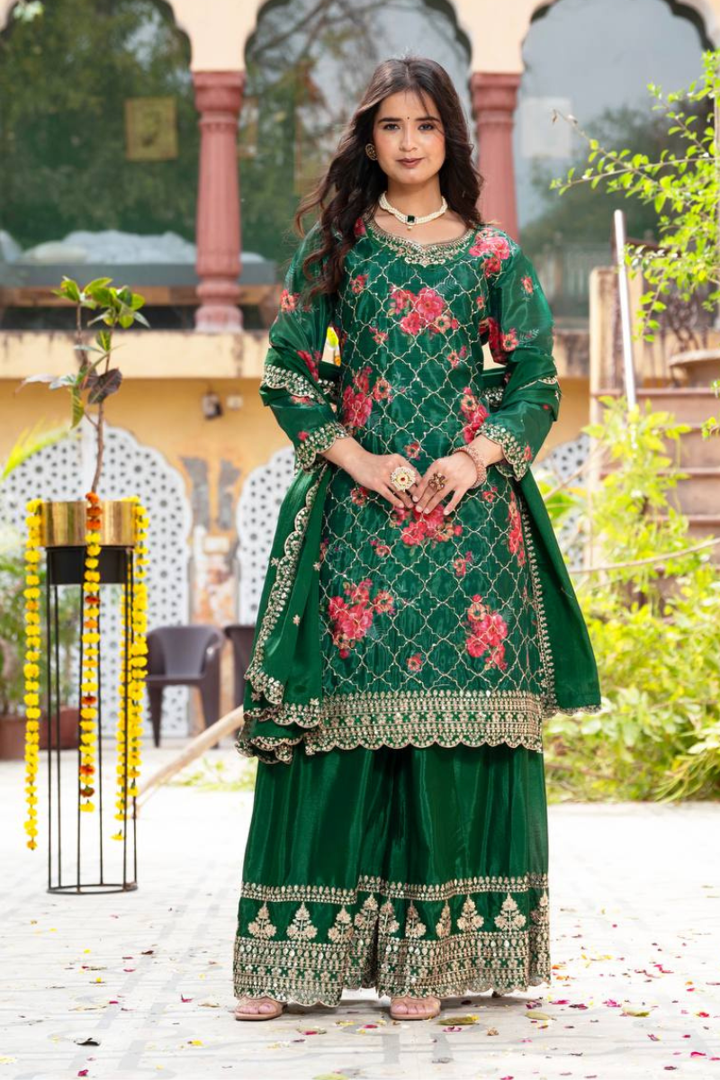 Embroidered Dark Green Chinon Kurta Dupatta Pant Sharara Suit Set