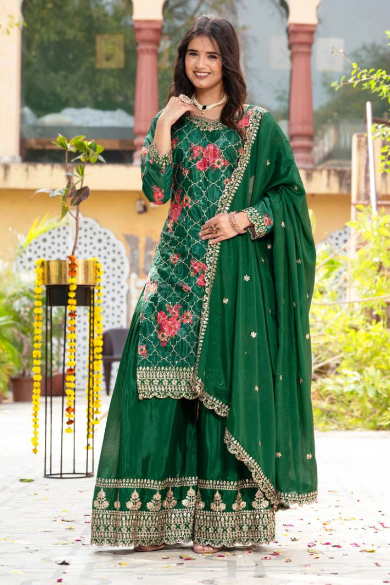 Embroidered Dark Green Chinon Kurta Dupatta Pant Sharara Suit Set