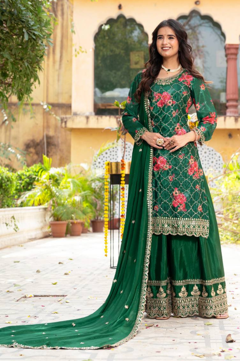 Embroidered Dark Green Chinon Kurta Dupatta Pant Sharara Suit Set