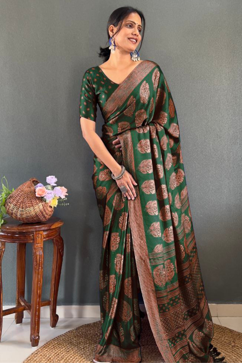 Banarasi Saree Patch Work Dark Green Soft Moss Silk Saree