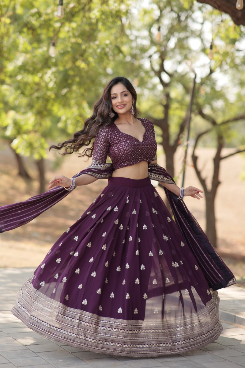 Lehanga Dupatta Set in Dark Purple Faux Blooming with Thick Sequins