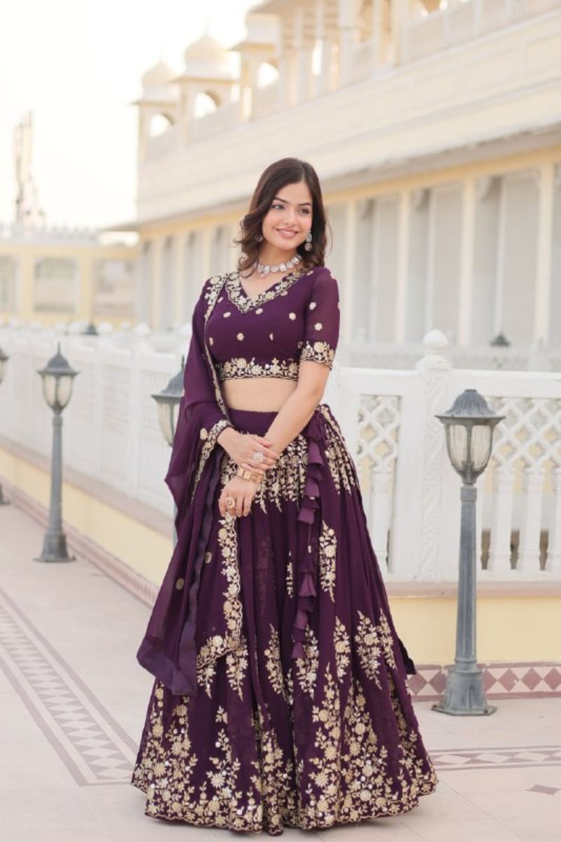 Faux Dark Purple Lehanga Choli Dupatta Set by Georgette