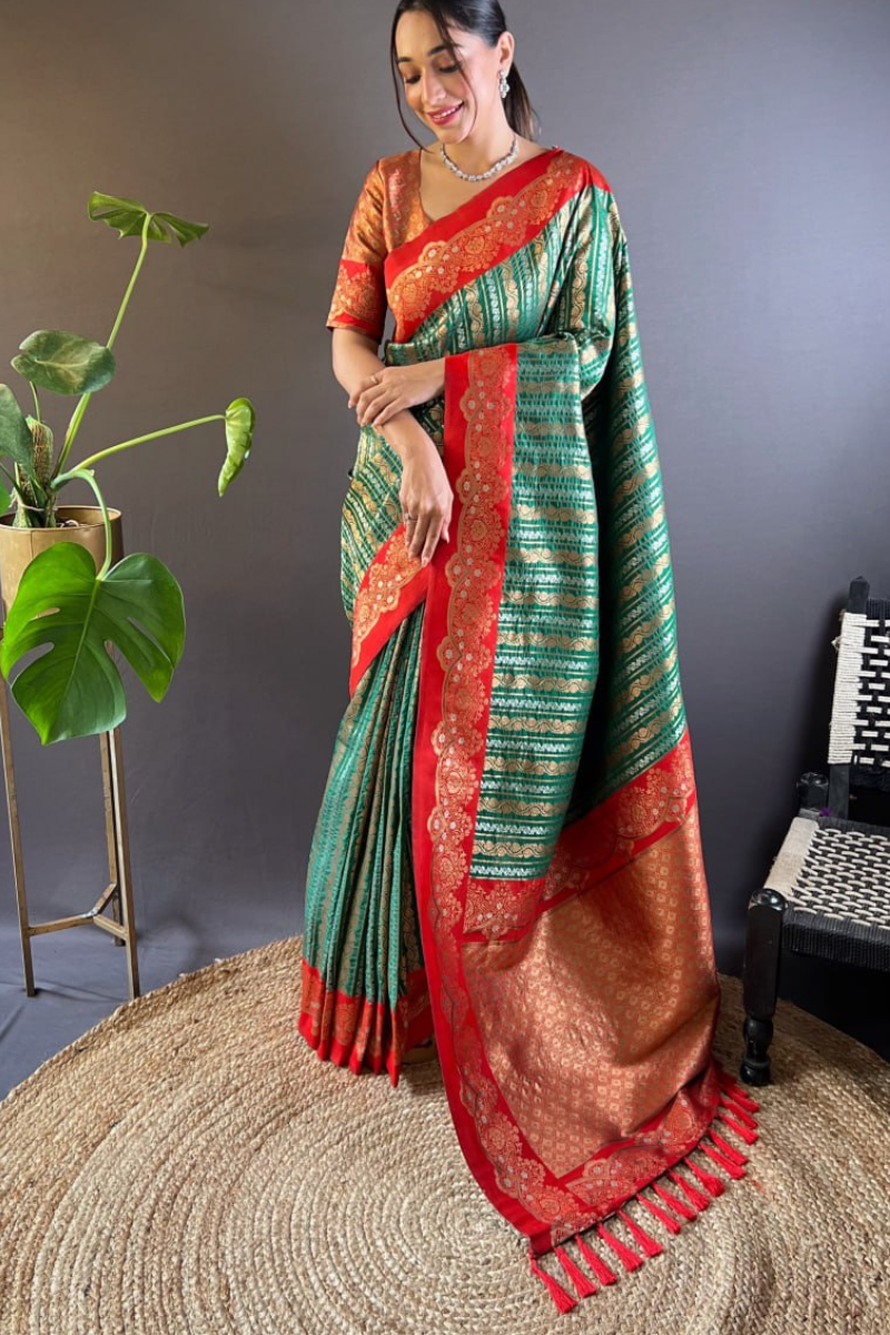 Paithani sarees in dark green, soft silk, with peacock jaal