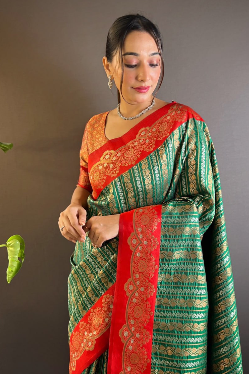 Paithani sarees in dark green, soft silk, with peacock jaal