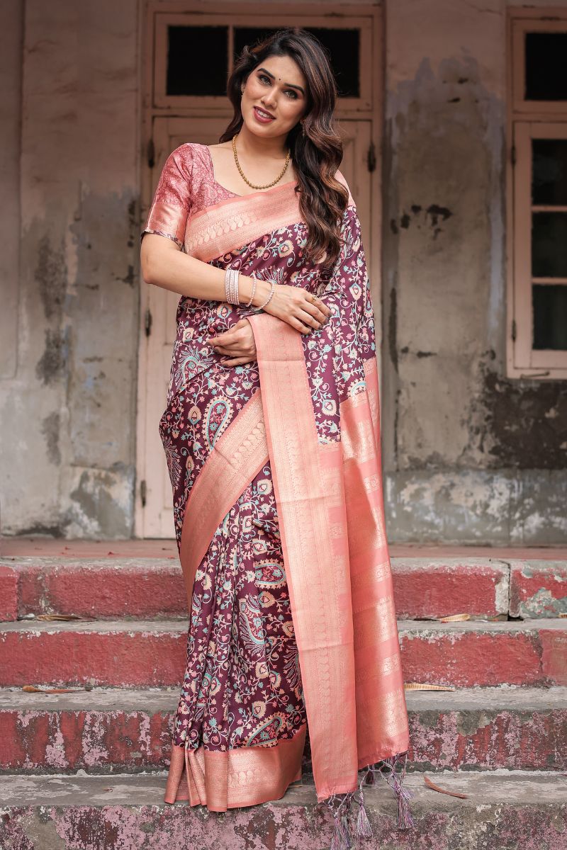 Elegant Silk Saree with Digital Printing in Wine and Maroon Banarasi