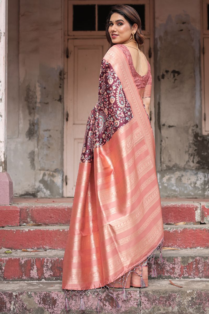 Elegant Silk Saree with Digital Printing in Wine and Maroon Banarasi