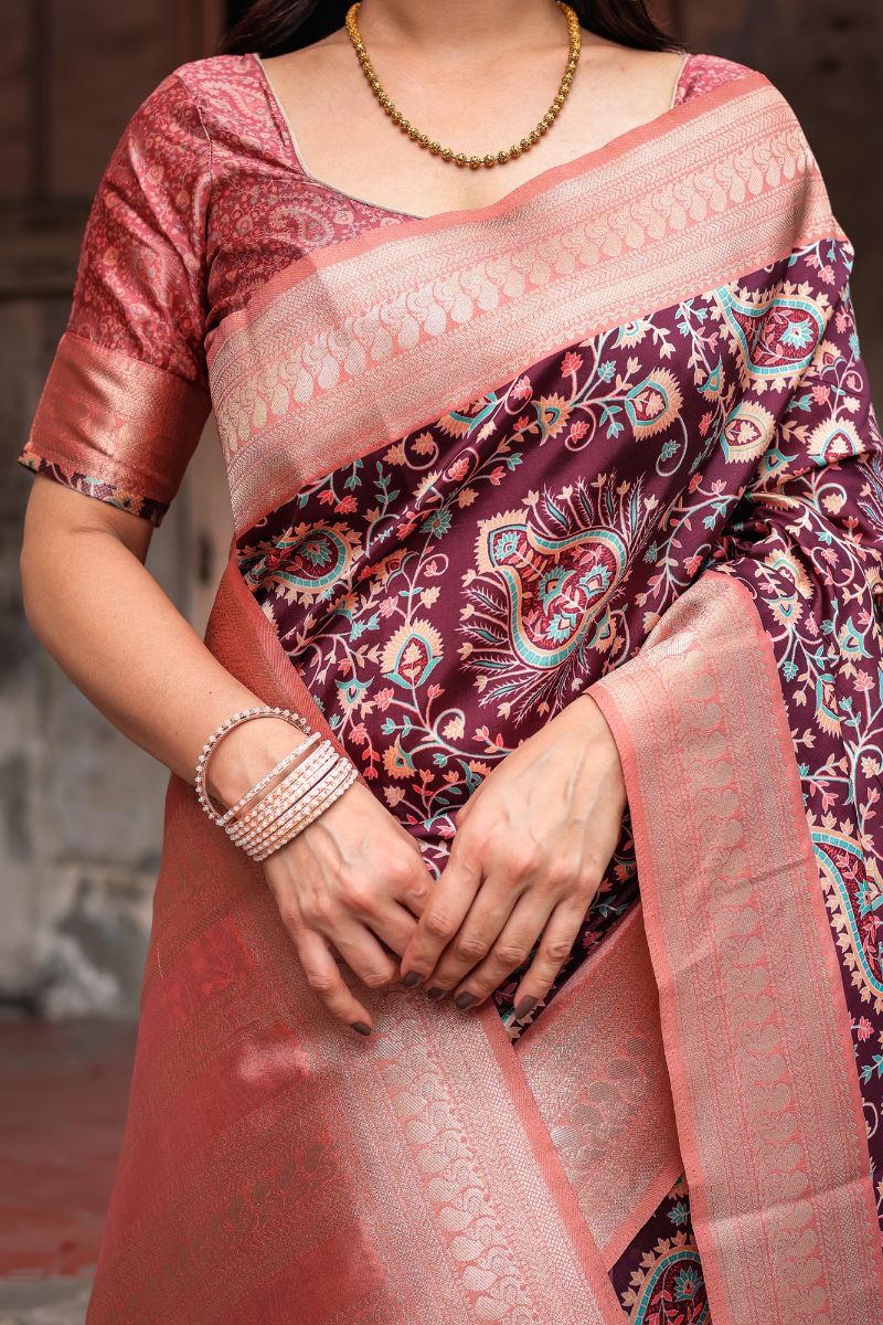 Elegant Silk Saree with Digital Printing in Wine and Maroon Banarasi