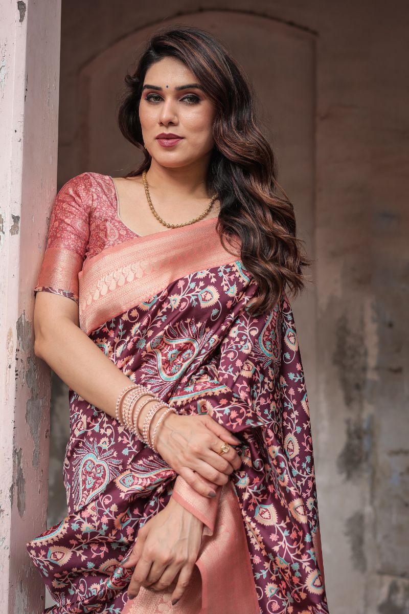 Elegant Silk Saree with Digital Printing in Wine and Maroon Banarasi