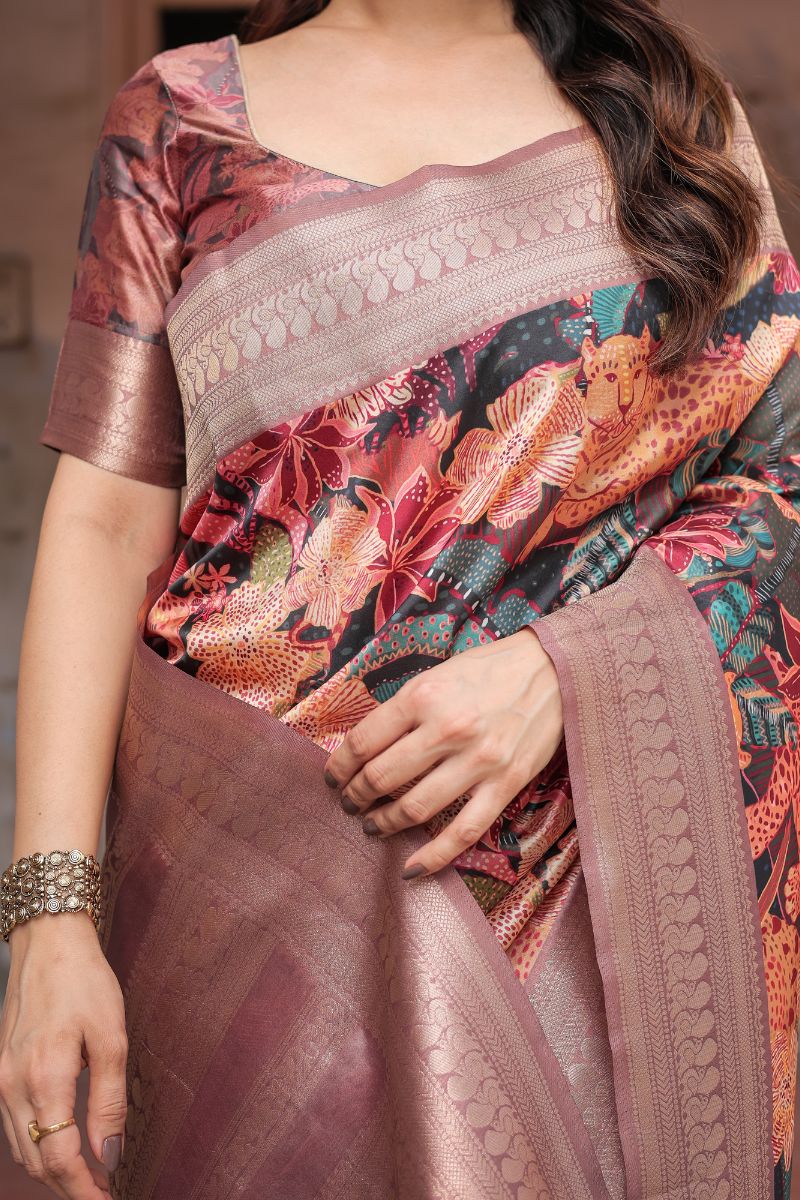 Beautiful Banarasi Silk Saree with Digital Print of Wildlife
