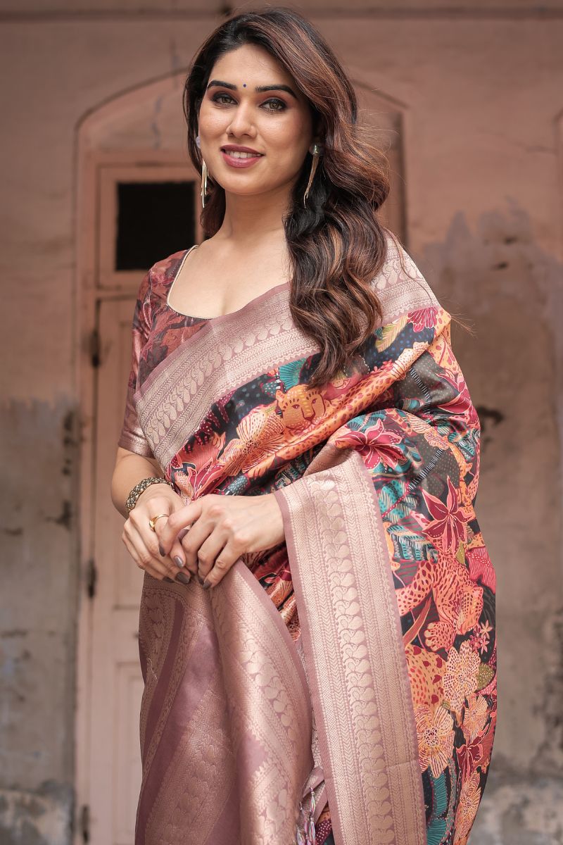 Beautiful Banarasi Silk Saree with Digital Print of Wildlife