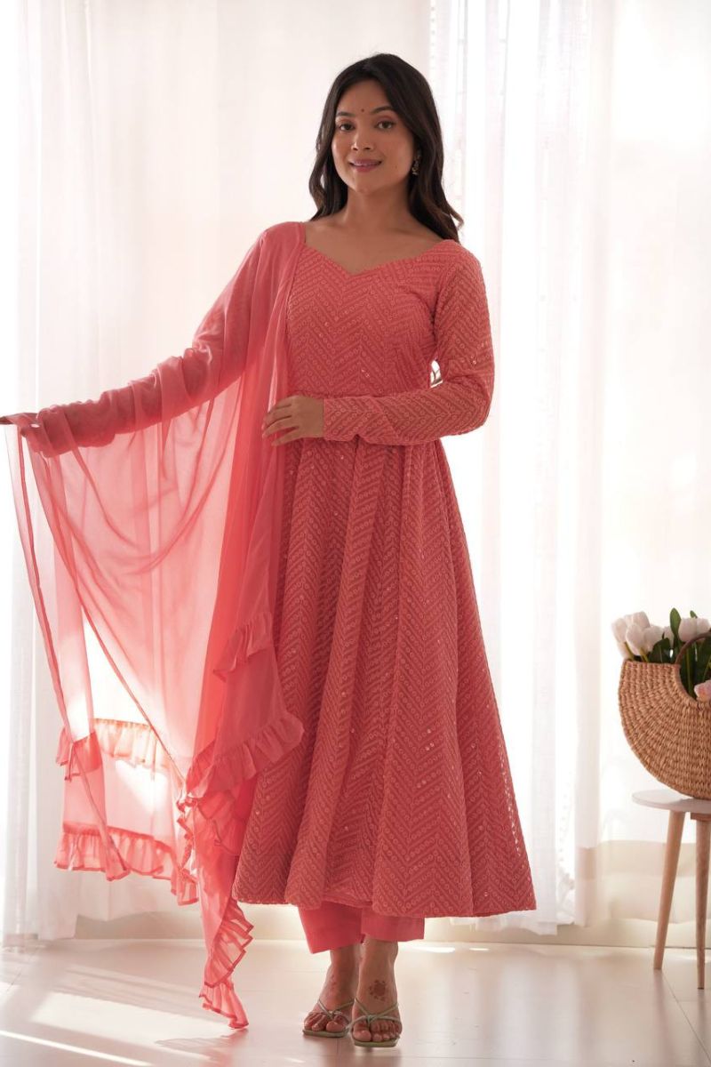 Pink Pure Soft Gajri Georgette Anarkali Gown Suit Set with Dupatta