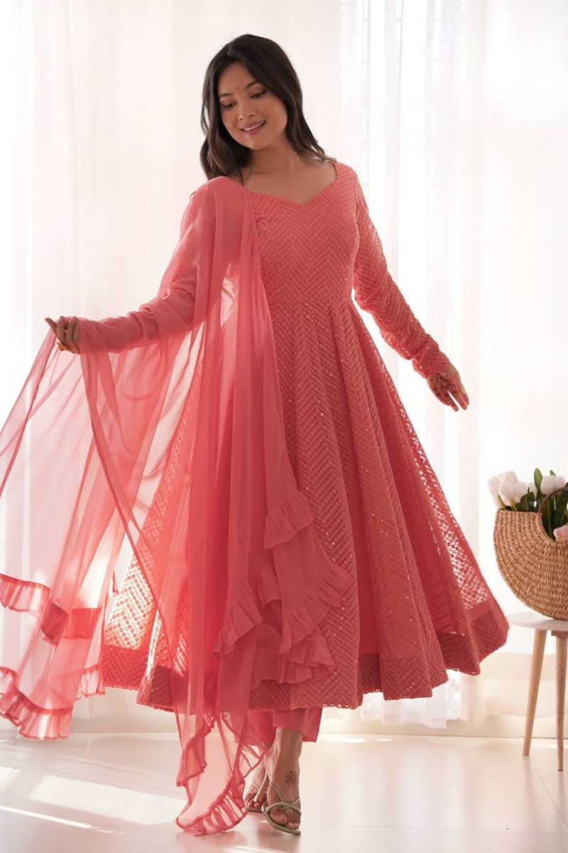 Pink Pure Soft Gajri Georgette Anarkali Gown Suit Set with Dupatta