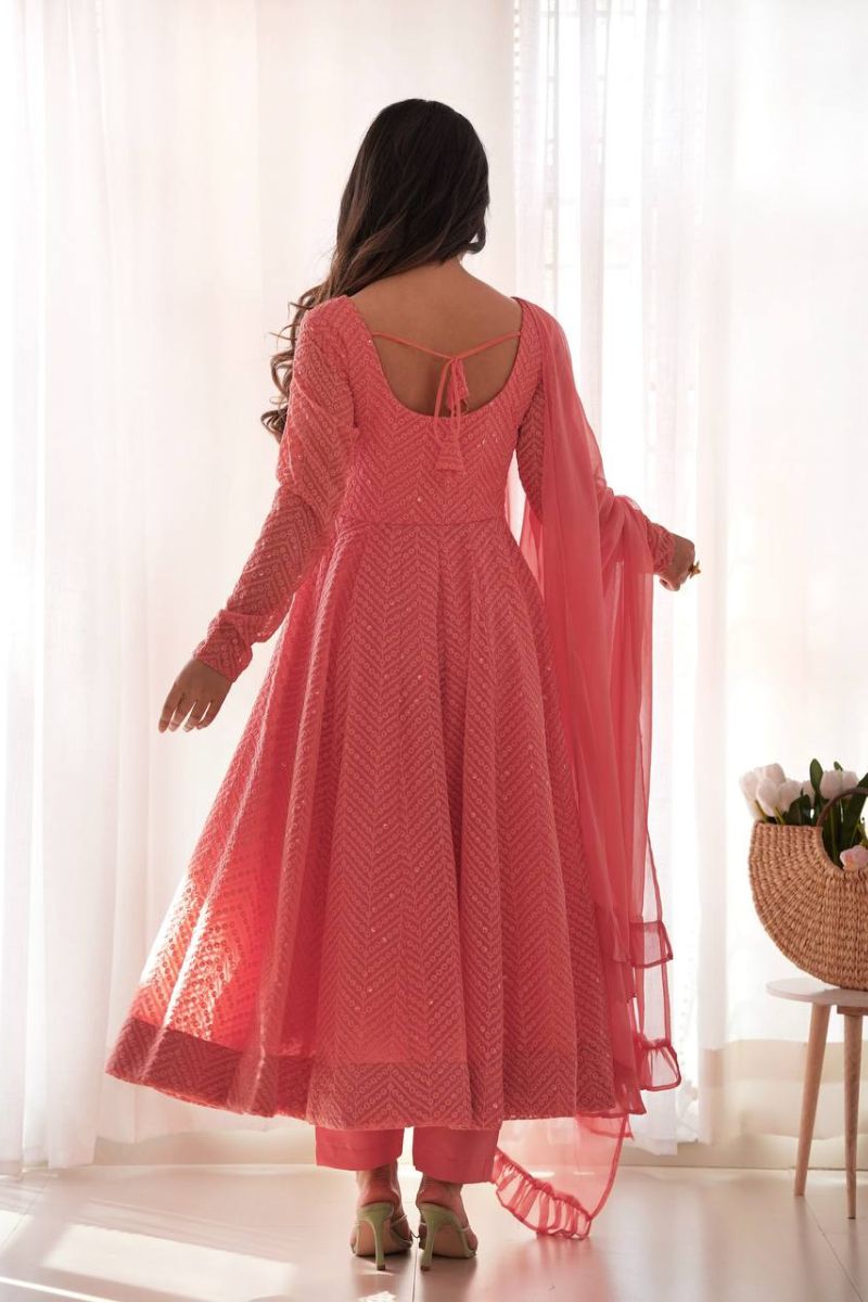 Pink Pure Soft Gajri Georgette Anarkali Gown Suit Set with Dupatta
