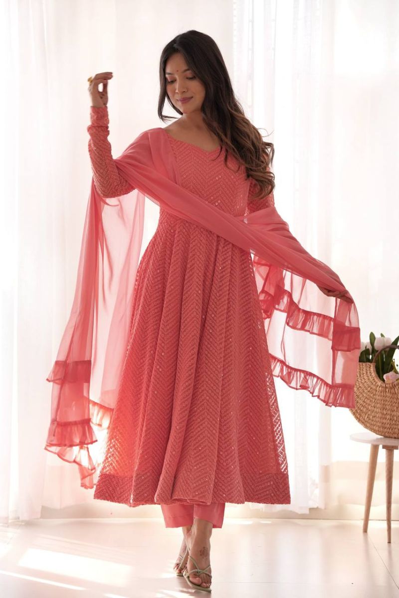Pink Pure Soft Gajri Georgette Anarkali Gown Suit Set with Dupatta