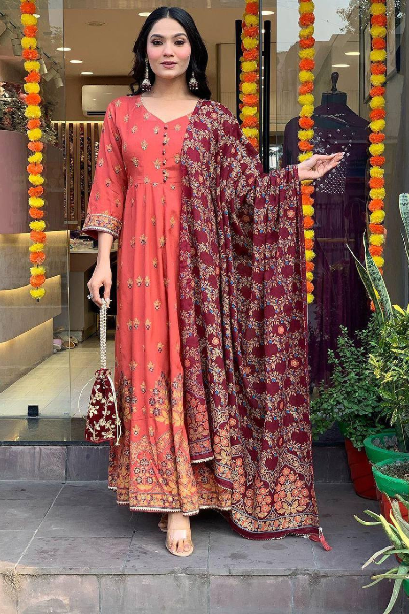 Romantic Silk Gown in Gajri with Dupatta Foil Work