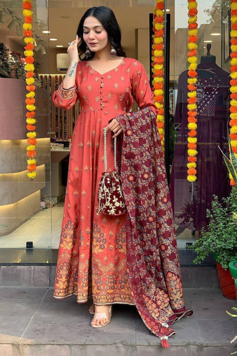 Romantic Silk Gown in Gajri with Dupatta Foil Work