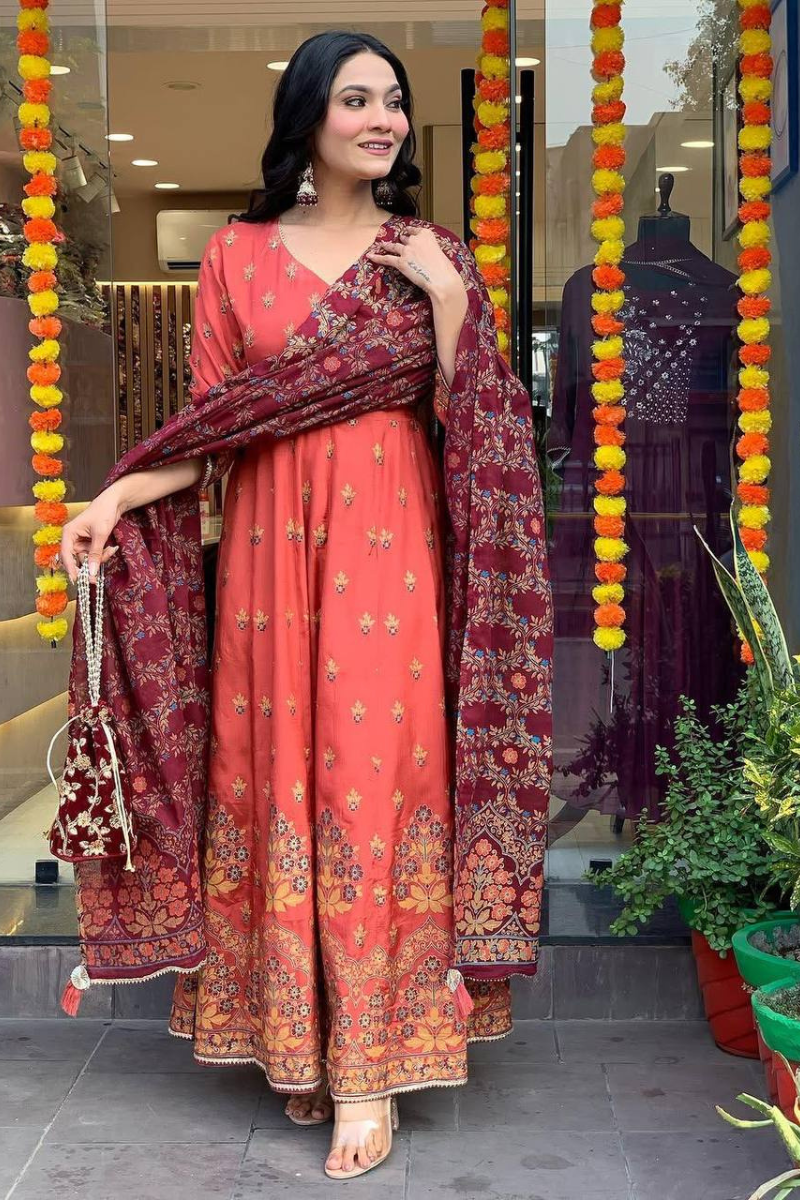 Romantic Silk Gown in Gajri with Dupatta Foil Work