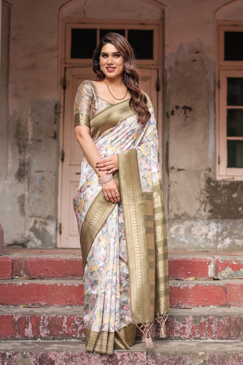 Silk Saree with Digital Printing of Golden Olive Banarasi