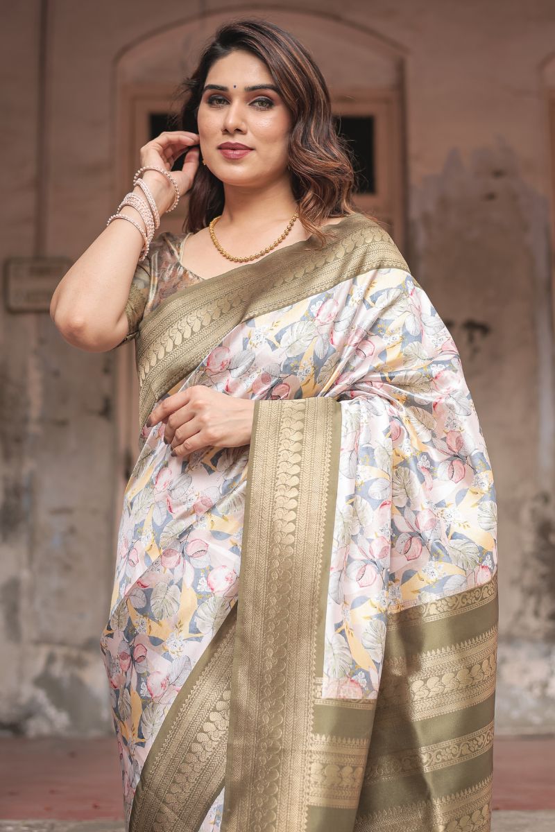 Silk Saree with Digital Printing of Golden Olive Banarasi