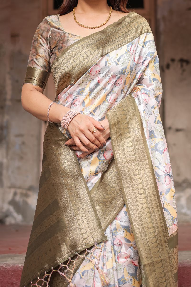 Silk Saree with Digital Printing of Golden Olive Banarasi
