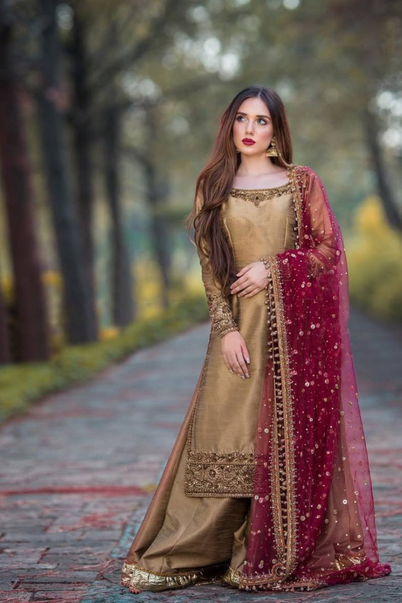 Golden Pure Chinon Silk Sharara Kurta Dupatta Suit Set