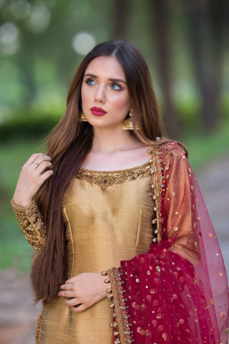 Golden Pure Chinon Silk Sharara Kurta Dupatta Suit Set