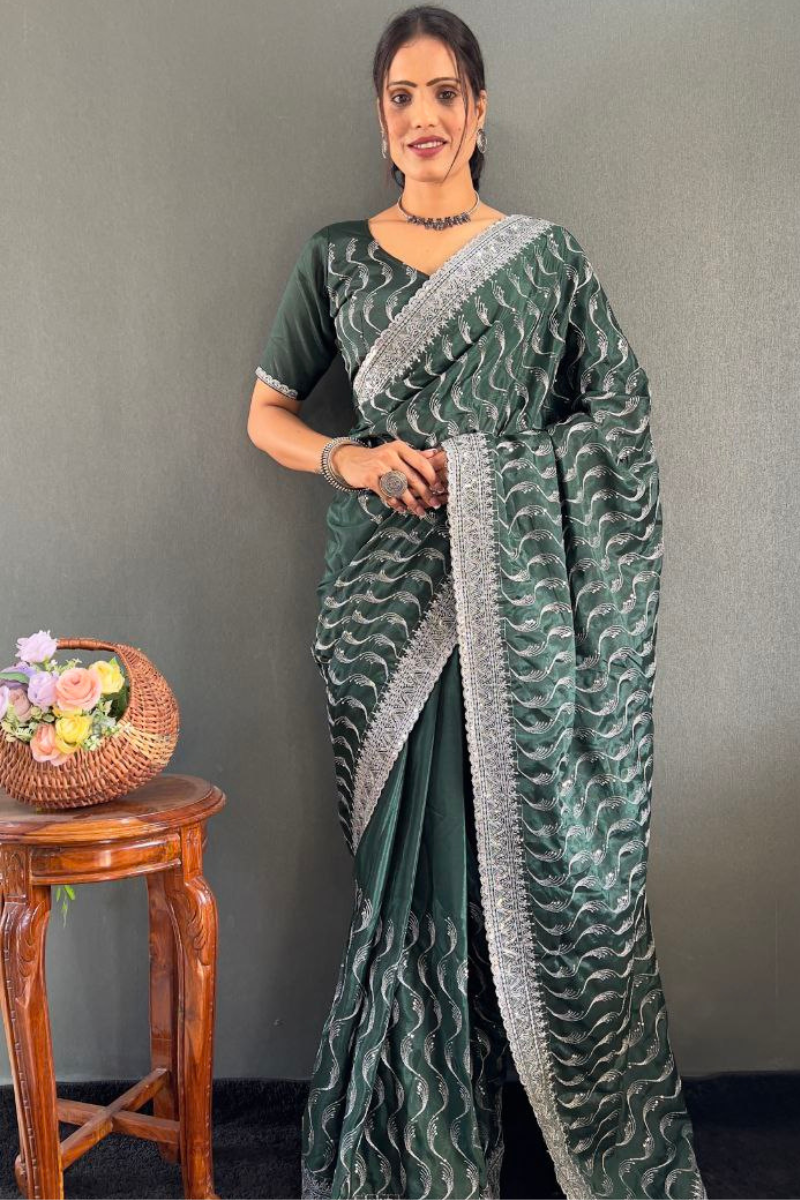 Zari Sequence Work Embroidered Green Chinnon Silk Saree