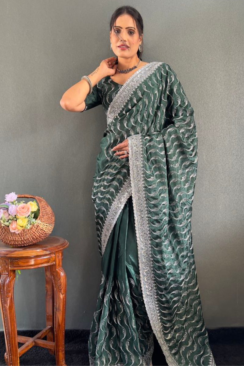 Zari Sequence Work Embroidered Green Chinnon Silk Saree