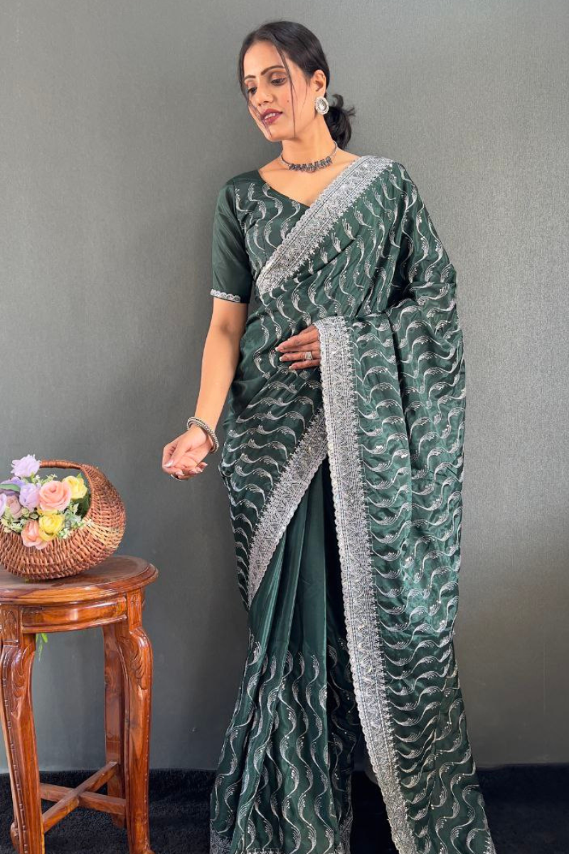 Zari Sequence Work Embroidered Green Chinnon Silk Saree