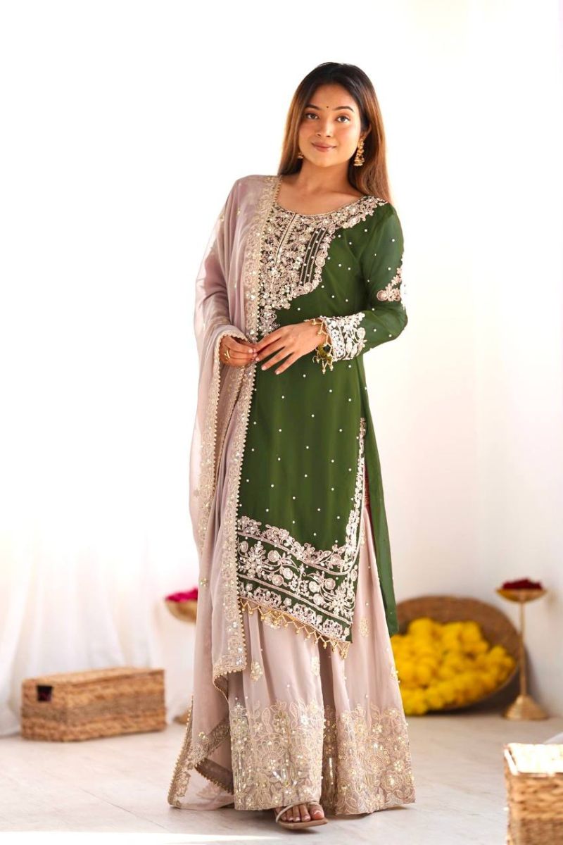 Green Heavy Faux Red Sharara Dupatta Suit Set in Georgette