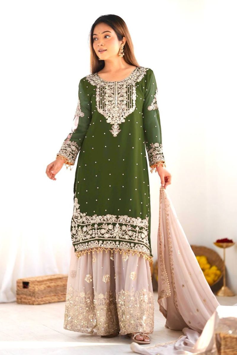 Green Heavy Faux Red Sharara Dupatta Suit Set in Georgette