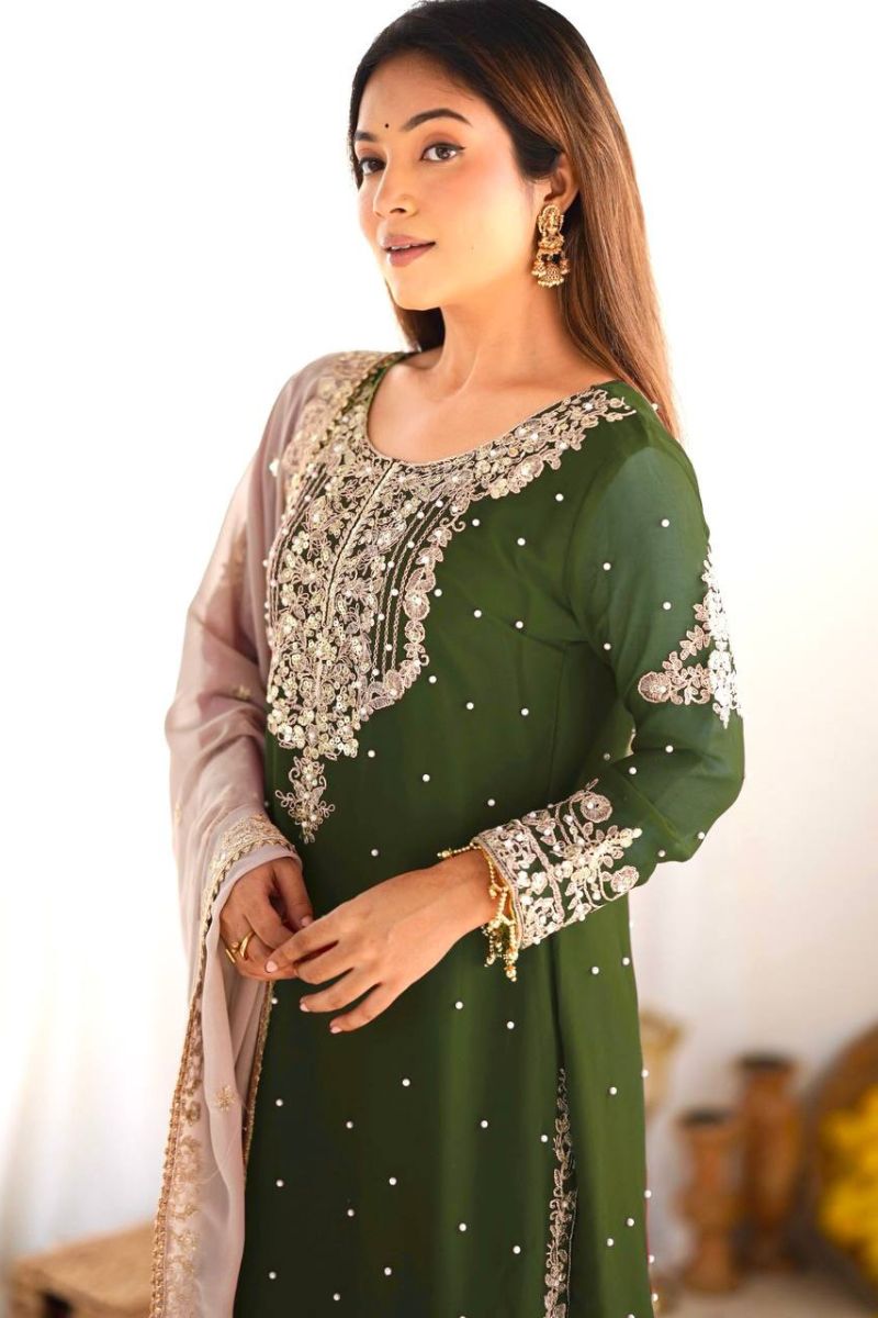 Green Heavy Faux Red Sharara Dupatta Suit Set in Georgette