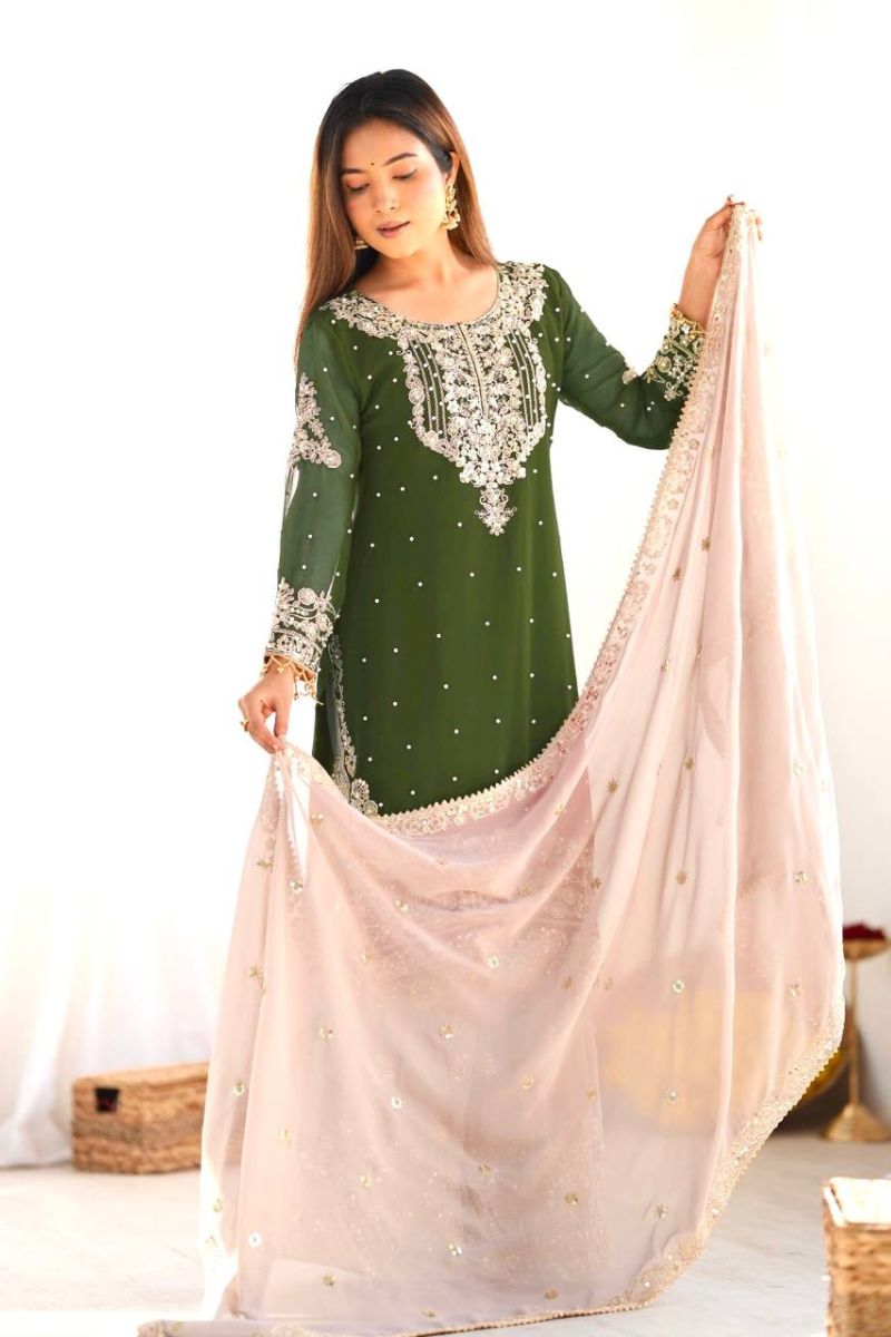 Green Heavy Faux Red Sharara Dupatta Suit Set in Georgette