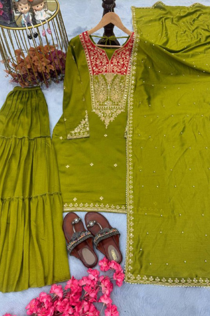 Vichitra Silk Sharara Dupatta Set in Green Heavy Pur