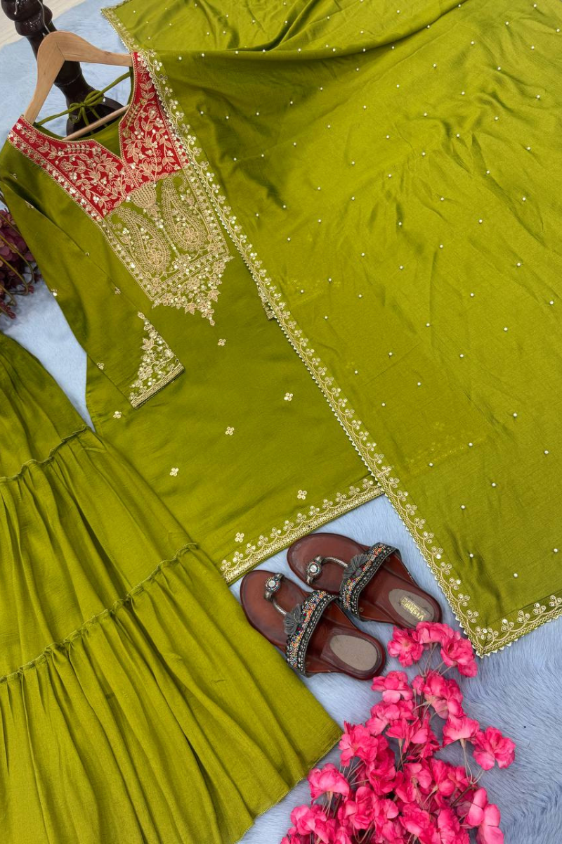 Vichitra Silk Sharara Dupatta Set in Green Heavy Pur