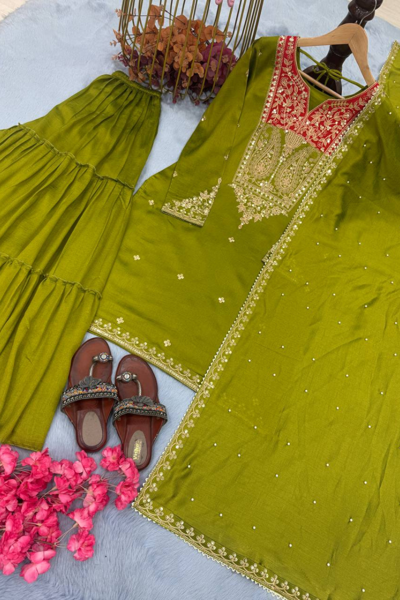 Vichitra Silk Sharara Dupatta Set in Green Heavy Pur