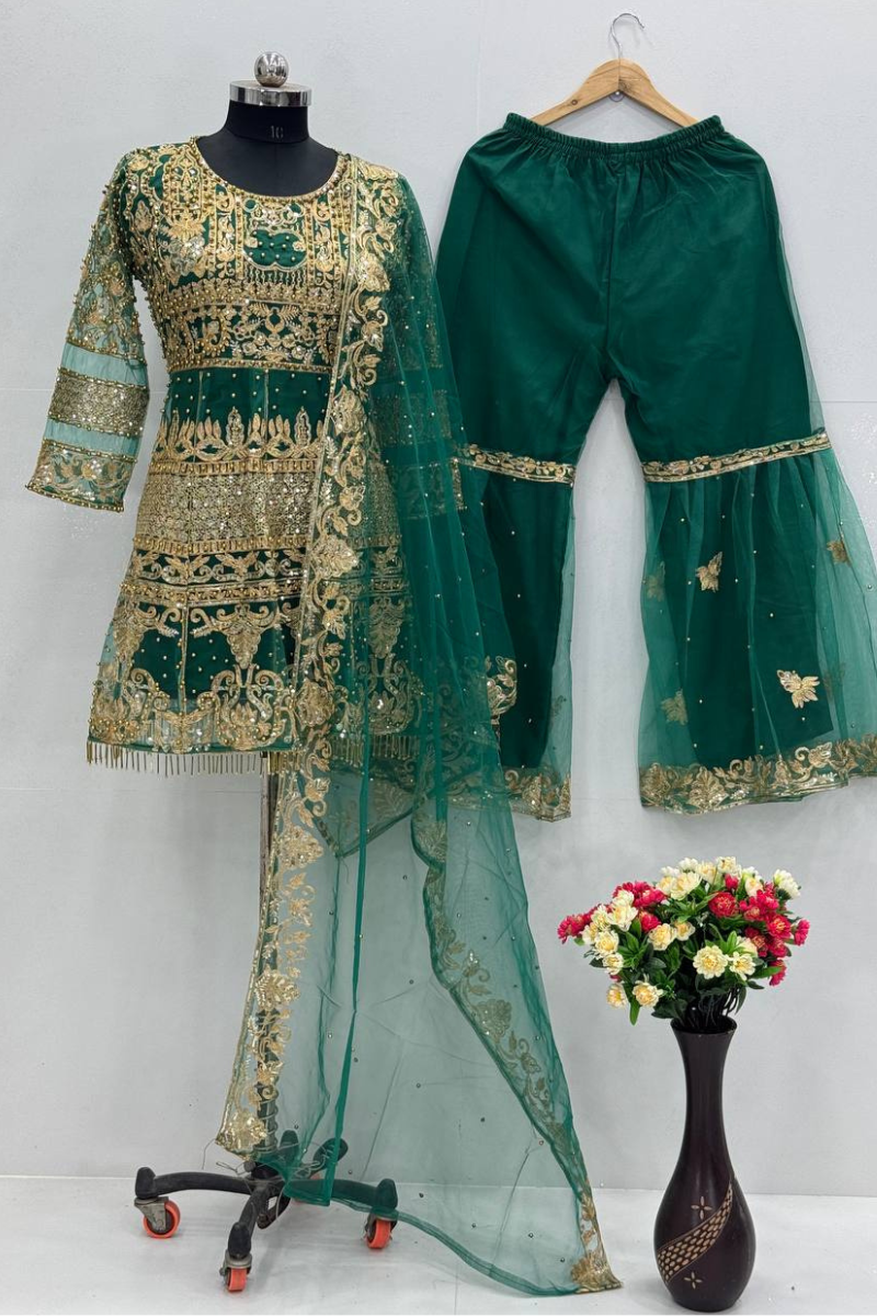 Embroidered Green Heavy Soft Net Sharara Dupatta Set