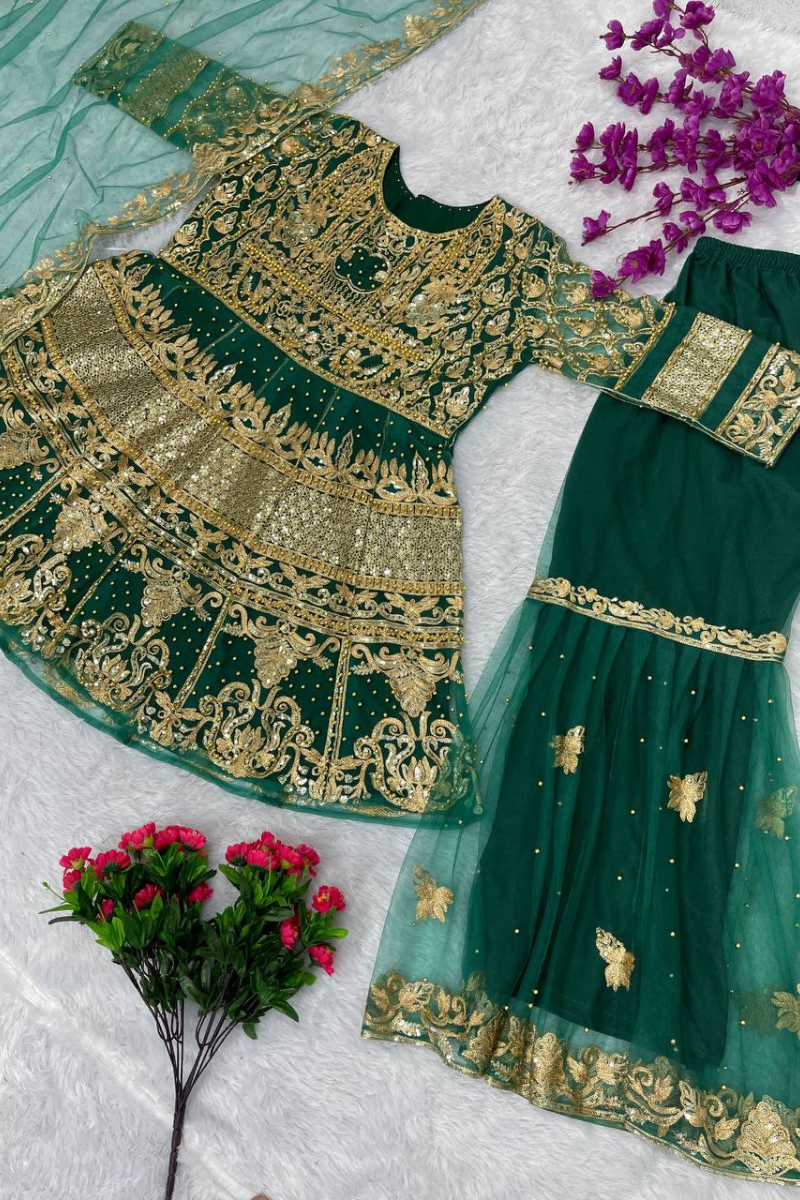 Embroidered Green Heavy Soft Net Sharara Dupatta Set