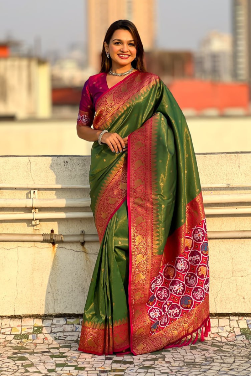 Floral-patterned green Katki Silk Sarees