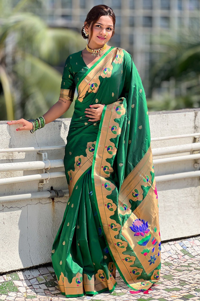 Paithani sarees in green with zari patterns throughout