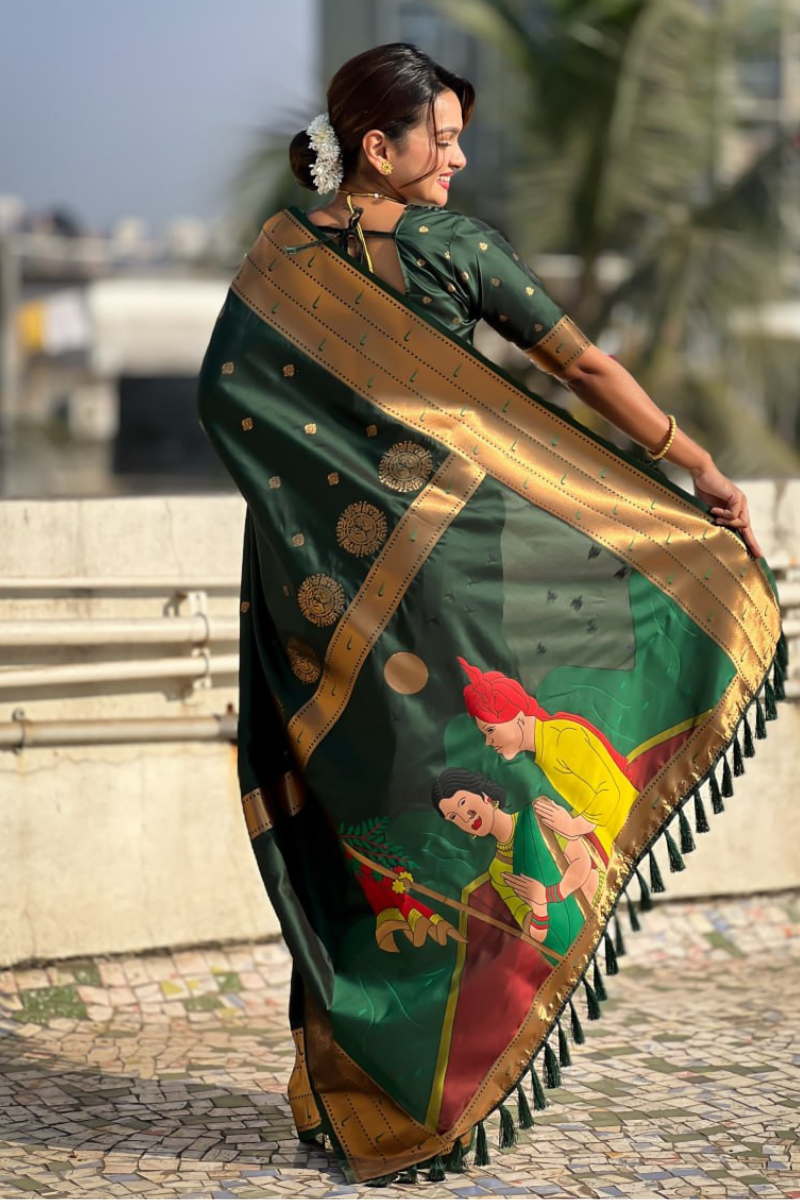 Floral-patterned green Paithani soft silk sarees